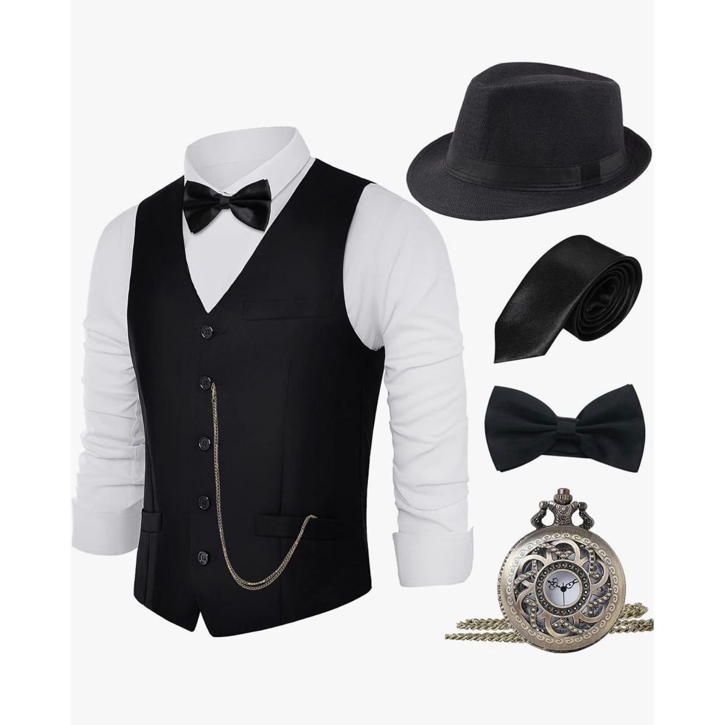 1920s Theme Mens Gatsby Gangster Vest Costume Set Xl Fedora Hat Black B2 — image 3 of 5